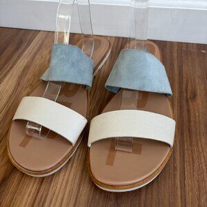Sorel Ella II White Leather & Blue Suede Flat Sandals Slides